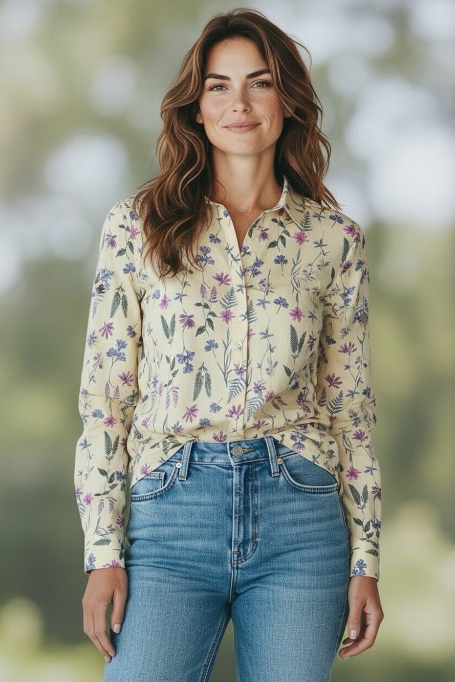 Appleseed's Women Yellow Floral Button Front Collared Long Sleeve Shirt M